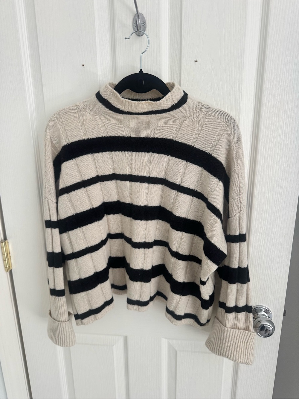 Madewell Cream and Black Striped Turtleneck Recycled Cashmere Sweater